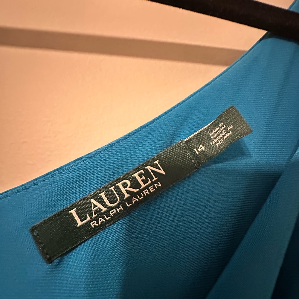 Lauren Ralph Lauren Evening Gown Teal Blue Draped Jeweled Strap Dress size 14 - Picture 6 of 6